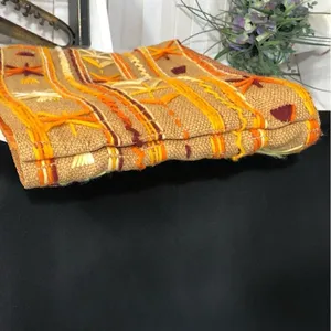Vintage Burlap Tote Bag Embroidered Tan Orange Cream thumbnail 4