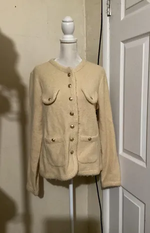 J.Crew Emilie Patch-Pocket Lady Cardigan Sweater Cream Gold Button CB931 Medium thumbnail 1