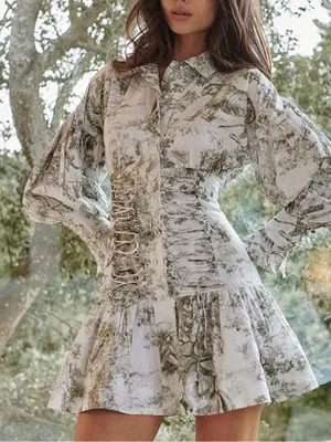 NWT Commense Sage-Print Corset-Detail Long Sleeve Mini Dress thumbnail 3