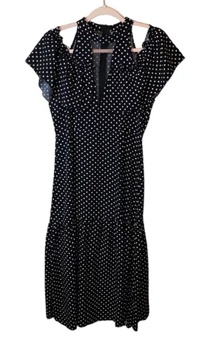 Shein‎ Black White Polka Dot Midi Dress Cold Shoulder Medium thumbnail 1
