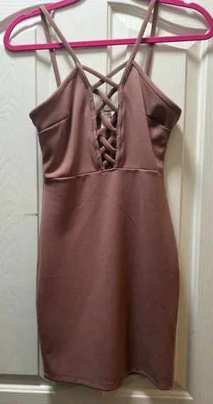 Bozzolo Ribbed Bodycon Mini‎ Dress - Mauve Criss-Cross Front (Small) thumbnail 1