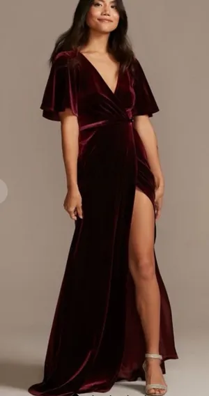 Celebrate Studio Long Wrap Flutter Sleeve Velvet Dress Wine Size 8 thumbnail 1