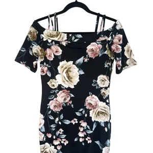 Haute Monde Floral Midi Dress M Black Off The Shoulder Sheath Bodycon‎ Pink Rose thumbnail 8