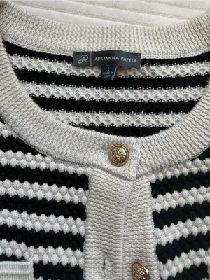 Adrianna Papell Black Ivory Striped Gold Button Cardigan Large thumbnail 3