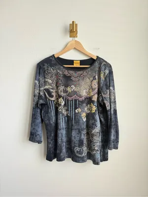 Vintage Katina Marie Y2K Rhinestone Graphic Top 3/4 Sleeve Made USA XL thumbnail 4