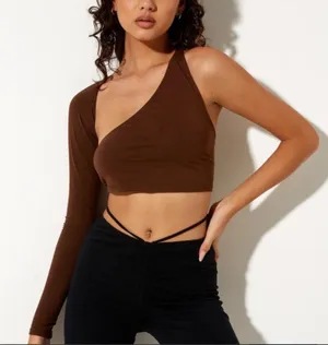 Motel Brown Asymmetrical One Shoulder Long Sleeve Crop Top Size Small thumbnail 1