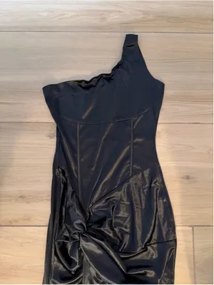 NEW Satin Formal Party Ruffle High Slit Evening Curvy Wrap Long Black Dress S thumbnail 7