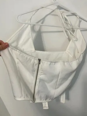 NEW NWT PRETTYLITTLETHING Woven Cross Front Cutout Stirrup Hem Top Cream Ivory 8 thumbnail 12