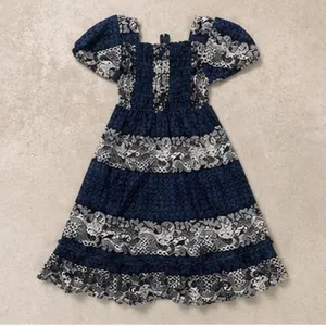 Navy Paisley Tiered Milkmaid Mini Dress Puff Sleeve Square Neck Smocked XS thumbnail 4