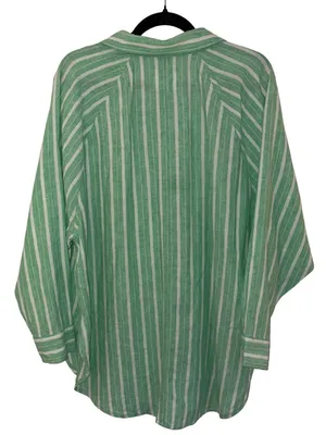 Aerie Pool-To-Party Linen Blend Cover Up Shirt Celebrity Green Stripe M thumbnail 2