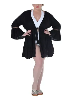 NWT Raviya Lace-Inset Eyelet-Flounce Cover-Up 76301X Black 1X thumbnail 3