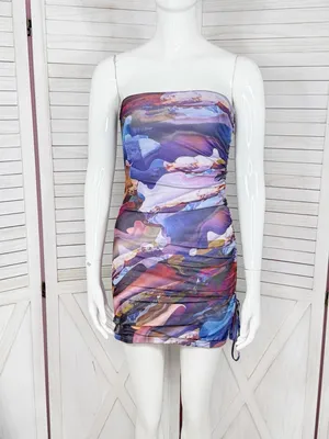 Y2k Mint Vanilla Printed Mesh Cinch Side Strapless Bodycon Mini Dress‎ Blue 8 thumbnail 2