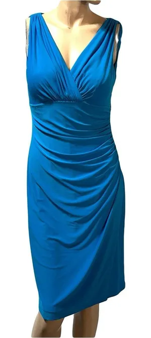 Lauren Ralph Lauren Blue Midi Wrap Ruched Side Sleeveless Dress Size 8 thumbnail 1