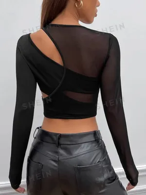 SheIn Black Asymmetrical Contrast Mesh Cut Out Crop Top thumbnail 2
