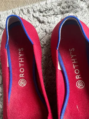 Rothy's Red Knit Pointed Ballet Flats with Blue Trim thumbnail 5