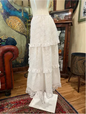 Vintage Periwinkle Lace Tiered Maxi Skirt Cream White Prairie Cottagecore M USA thumbnail 4
