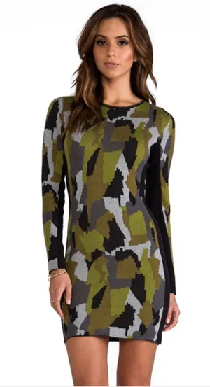 Revolve Torn by Ronny Kobo Long Sleeve Dress S Green Black Camo thumbnail 1