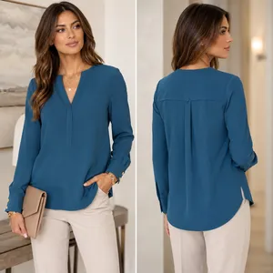 Trina Turk Blouse Women SM Teal Blue Split Neck Gold Button‎ Cuff Crepe Tunic thumbnail 2