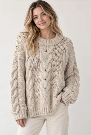 MERSEA Womens OS Chunky Cable Knit Sweater Wool Alpaca Cream Made in Italy thumbnail 1