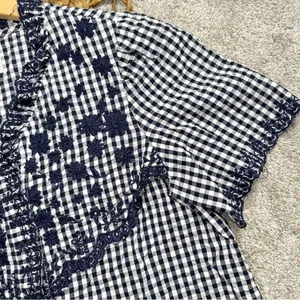 J.Crew Embroidered Indigo Crinkled Gingham Short Sleeve Navy White Top Cotton XS thumbnail 8