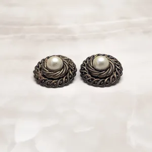 Vintage Clip On Earrings Large Chunky Statement Dark Bronzeish Tone Faux Pearl thumbnail 3