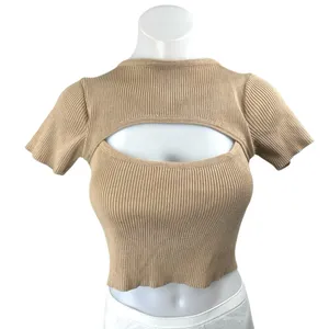 Cider Womens Brown Tan Rib Knit Cutout Short Sleeve High Neck Crop Sweater Top S thumbnail 1