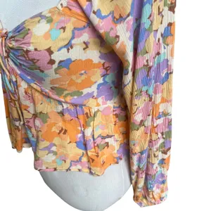 Billabong Blouse Womens Medium Multicolor Floral Smocked Cropped Sweetheart Neck thumbnail 3