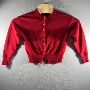 3075 | 100% Wool Cropped Cardigan Sweater Red Button Front Crew Neck Womens S thumbnail 5