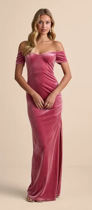 NWT Lulus Glorious Celebration Pink Velvet Off-the-Shoulder Maxi Dress Gala Sz L thumbnail 1