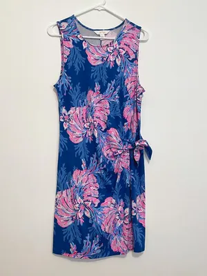 LILLY PULITZER Bryson Sleeveless Dress Multi for the Fans Blue Pink Faux Wrap L thumbnail 2