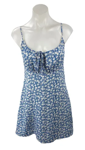 Lulus Blue Floral Shirred Sleeveless Tie Scoop Cami Camisole Mini Slip Dress S thumbnail 1