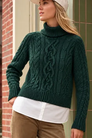 Lands End Drifter Womens M 10-12 Cotton Cable Knit Roll Neck Sweater Dark Green thumbnail 1
