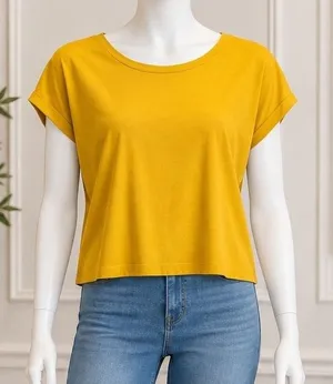 Zara Womens T-Shirt Mustard Yellow Cuffed Sleeve Crop Top Small thumbnail 1
