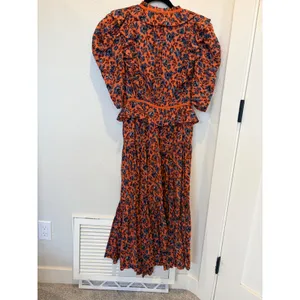 Ulla Johnson Lisette Rust Blue Floral Puff Sleeve Ruffle Wrap Midi Dress thumbnail 6