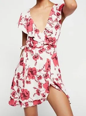 Free People Floral Ruffle Wrap Mini‎ Dress Cream Pink Cap Sleeve Size S thumbnail 1