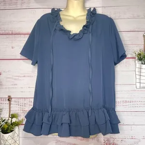 Umgee Dusty Blue Ruffle Hem Boutique Blouse | Women’s Large thumbnail 1