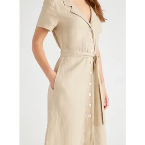 Quince 100% European Linen Button Front Belted Midi Shirt Dress Sand Beige L thumbnail 2
