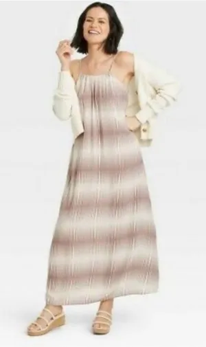 A New Day Brown & Cream Striped Maxi Dress | Boho Ikat Print Sleeveless L/XL thumbnail 1