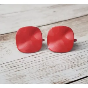 Vintage Clip On Earrings Rounded Pushed in Square Red - Retro Earrings thumbnail 2