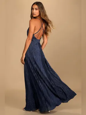 Luxxel Lulus Magical Looks Sparkly Maxi Dress Navy Blue Deep V-Neck Metallic Gown NWT S thumbnail 2