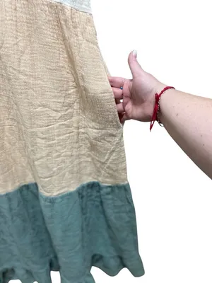 West & Wild Flutter Sleeve Color Block Maxi Dress Gauzy Cotton Green Size L Boho thumbnail 9