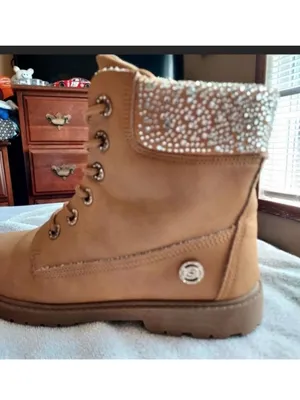 NWOT bebe Zara Rhinestone Studded Combat Boots Tan wheat moto Sz 7.5 Fall bling thumbnail 7