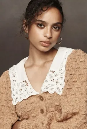 Anthropologie Cottage Balloon Sleeve Battenberg Lace Collared Cardigan Sweater L thumbnail 4