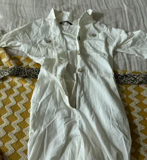 ZARA White Linen Belted Jumpsuit thumbnail 5