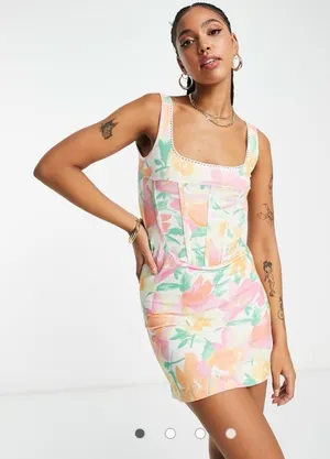 ASOS DESIGN mini corset dress Size 6 with trim detail in pastel floral. thumbnail 1