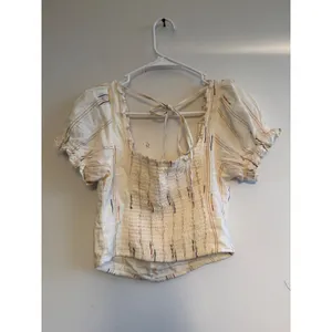 Free People Ivory Multicolor‎ Striped Smocked Puff Sleeve Crop Top XS thumbnail 2