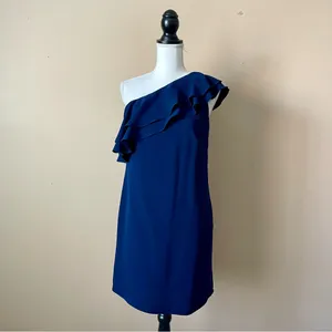 SHOSHANNA | Navy Blue One-Shoulder Ruffle Cocktail Dress Sz 4 thumbnail 3