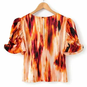 DKNY Smudge Print Puff Sleeve Orange Pink Abstract Quiet Luxury Top NEW M thumbnail 3