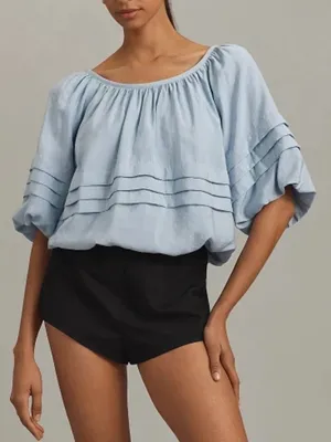ANTHROPOLOGIE MAEVE SHORT PUFF SLEEVE BUBBLE TIERED BLOUSE SHIRT TOP BLUE medium thumbnail 1