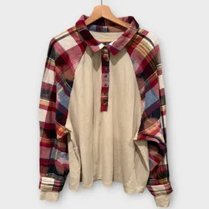 FREE PEOPLE Isabelle Plaid Trim Thermal Henley In Mink Combo Size Large thumbnail 5